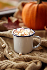 season, leisure and objects concept - camp mug of marshmallow and pumpkin on window sill in autumn