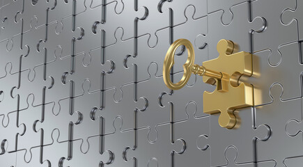 The golden key opens the golden puzzle. 3d render illustration.