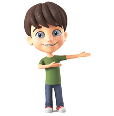 Cheerful character cartoon little boy points to an empty space. 3d render illustration.
