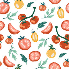 Tomatoes seamless pattern. Hand draw Ripe juicy tomatoes on a branch, slices and leaves. Endless texture for kitchen wallpaper, textile, fabric, paper. Vegan, farm, natural. Food vector background.