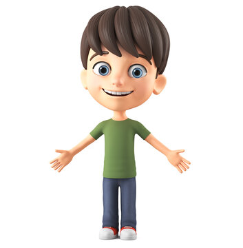 Cheerful cartoon little boy character happy to meet. 3d render illustration.