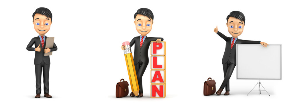 Cheerful businessman with a sign up on a white background. Cheerful businessman takes notes. 3d render illustration.