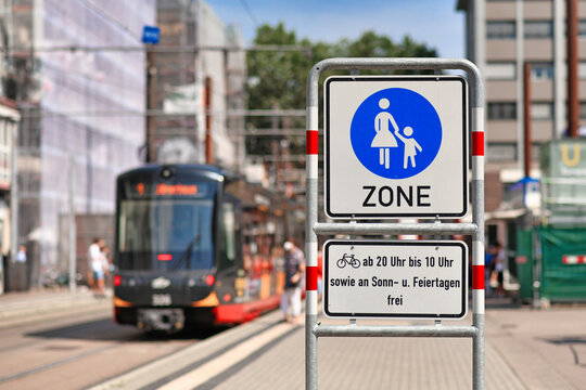 Karlsruhe, Germany - August 2021: Traffic free pedestrian zone sign in city center