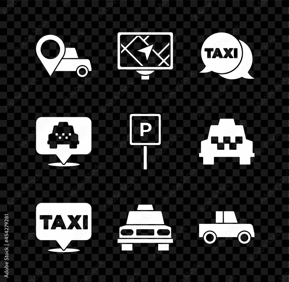 Wall mural Set Location with taxi, Gps device map, Taxi call telephone service, car, Car, and Parking icon. Vector