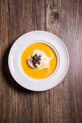 chilled mango fruit sago creamy sweet soup with vanilla ice cream on wood background asian halal banquet menu