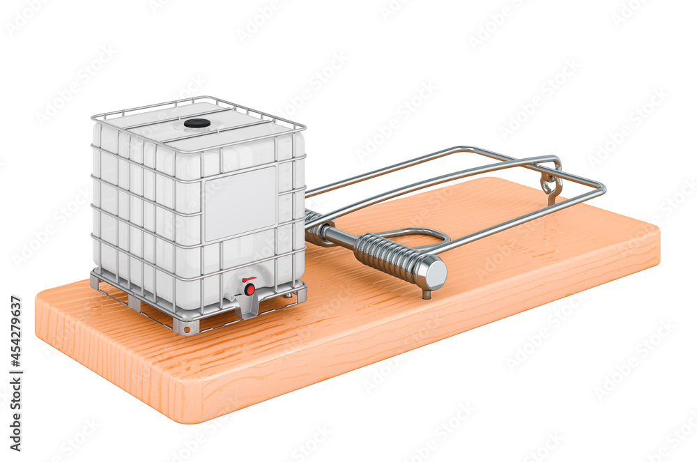 Poster intermediate bulk water container inside mousetrap, 3d rendering