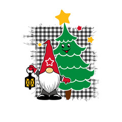 Cute gnome with lantern and Happy Christmas tree on a checkered background. Greeting Christmas card. Vector illustration.