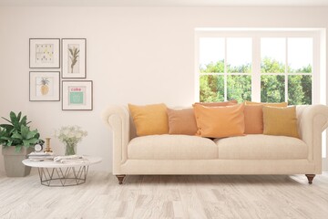 Minimalist living room in white color with sofa and summer landscape in window. Scandinavian interior design. 3D illustration