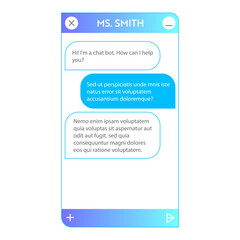 Chat bot window. User interface of application with online dialogue. Conversation with a robot assistant