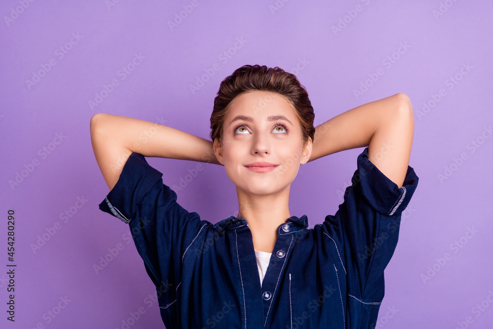 Poster Photo of rest brunette millennial lady look empty space wear jeans shirt isolated on violet color background