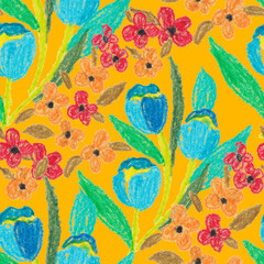 Fototapeta na wymiar Creative seamless pattern with abstract flowers drawn with wax crayons. Bright colorful floral print. 