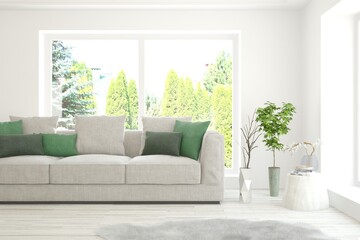 White living room with sofa and summer landscape in window. Scandinavian interior design. 3D illustration