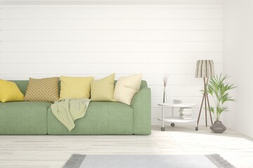 White living room with sofa. Scandinavian interior design. 3D illustration