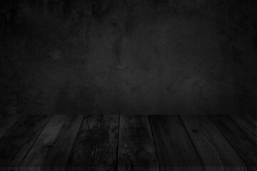 Dark wooden board table for product display montage, black wooden interior/ wooden shelf at black wall