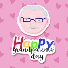 Abstract background with grandfather and hearts. Sticker effect. Old man. Happy grandparents day greeting card vector illustration. Cute cartoon grandpa.