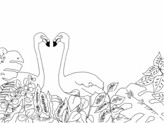 フラミンゴとボタニカルな葉のイラスト