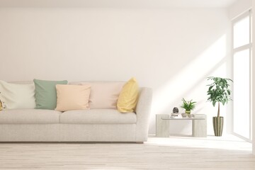 Modern living room in white color with sofa. Scandinavian interior design. 3D illustration