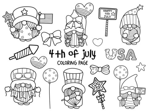 Happy 4th of July with Gnome  Coloring Page.