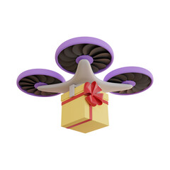 3d delivery of gift in yellow box wrapped in red ribbon with bow by drone, contactless delivery, parcel delivery, modern technologies. Isolated illustration on white background, 3D rendering
