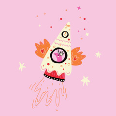Unicorn flying in rocket flat vector illustration. Scandinavian style animal traveling in space. Sketchy stars, planets. Children textile, t-shirt print.