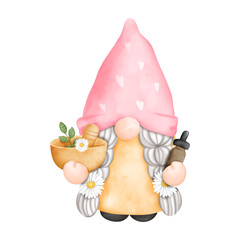 Digital painting watercolor essential oil with gnome, Spa day with gnome element isolated on white background