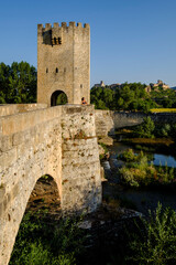 Obraz premium Frías medieval bridge, Romanesque origin, over the Ebro river,, Autonomous Community of Castilla y León, Spain