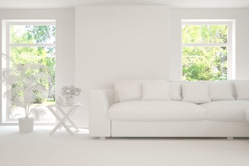 Mock up of stylish room in white color with sofa and green landscape in window. Scandinavian interior design. 3D illustration