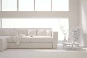 White minimalist living room with sofa. Scandinavian interior design. 3D illustration
