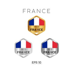 Made in France Label, Stamp, Badge, or Logo. With The National Flag of France. On platinum, gold, and silver colors. Premium and Luxury Emblem