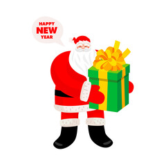 Santa Claus is standing with a large gift box with a bow. Amazing funny character for New Year card, banner or poster. Happy New Year and Merry Christmas.