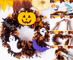Wreath on the door, Halloween step by step instructions, diy. Thanksgiving door decor, lesson for children