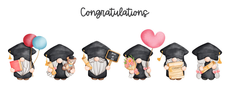Digital painting watercolor graduation gnome, graduation banner, greetings card. 