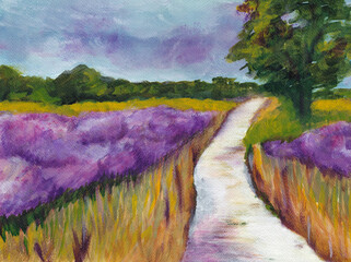 Landscape painting with blooming heather, path to the sky, lavender fields
