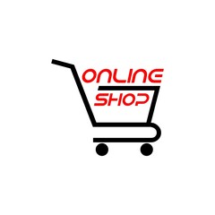Online shop text and shopping cart icon isolated on white background