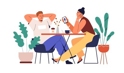 Couple listening to audio podcast together. People with phone enjoying music and coffee. Man and woman relax with online radio broadcast. Flat graphic vector illustration isolated on white background