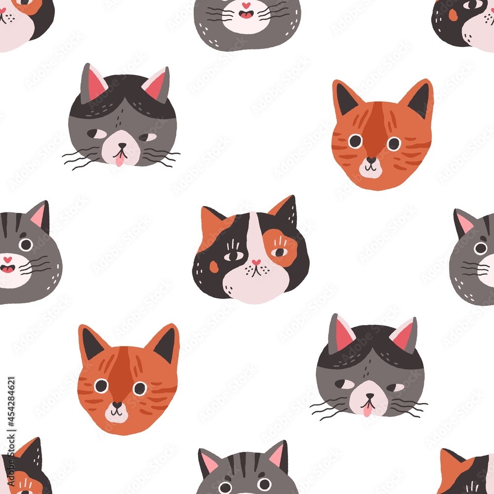 Aufkleber seamless pattern with cute cats faces on white background. repeating feline texture with funny kitte