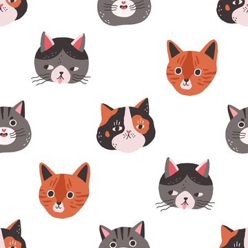 Seamless pattern with cute cats faces on white background. Repeating feline texture with funny kittens heads in doodle style. Endless design with sweet kitties. Flat vector illustration for printing