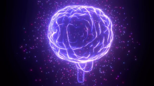 Rotating human brain hologram, flying particles - thinking process concept - 3D 4k animation (3840x2160 px).