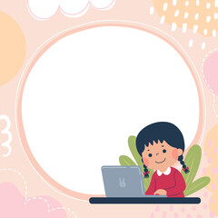 Template for advertising brochure with happy little girl learning with her laptop. Education concept.
