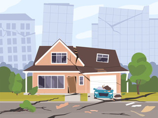 Damaged and destroyed city buildings, roads and cars after earthquake. Apocalyptic cityscape with broken houses in ruins, earth clefts as consequences of natural disaster. Flat vector illustration - obrazy, fototapety, plakaty