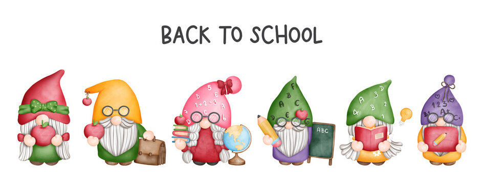 Digital painting watercolor teacher gnome banner, Back to school gnome