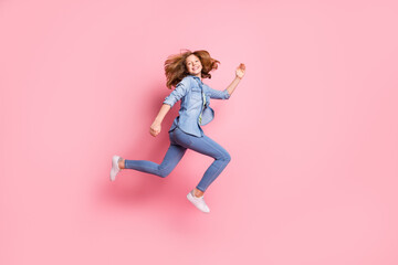 Fototapeta na wymiar Full length body size photo jumping up running on sale girl isolated pastel pink color background