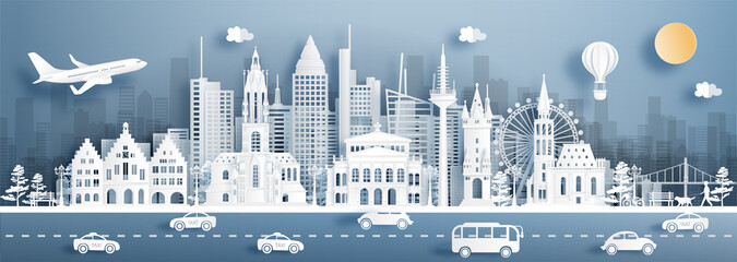 Panorama view Frankfurt, Germany skyline with world famous landmarks in paper cut style vector illustration. - obrazy, fototapety, plakaty