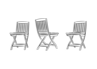 3d wood chair graphical with black white sketch. linear sketch. Outdoor chair. Garden chair. Folding chair.
