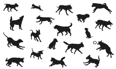 Group of dogs various breed. Black dog silhouette. Running, standing, walking, jumping and sitting dogs. Isolated on a white background. Pet animals.