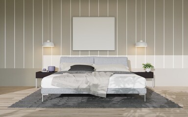 mockup interior bedroom scandinavian style wall with frame .3d rendering