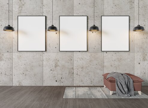 Mock up imitation plaster wall has a wall frame and hanging lamps. Brown wooden exterior with chairs and carpeted.3d rendering
