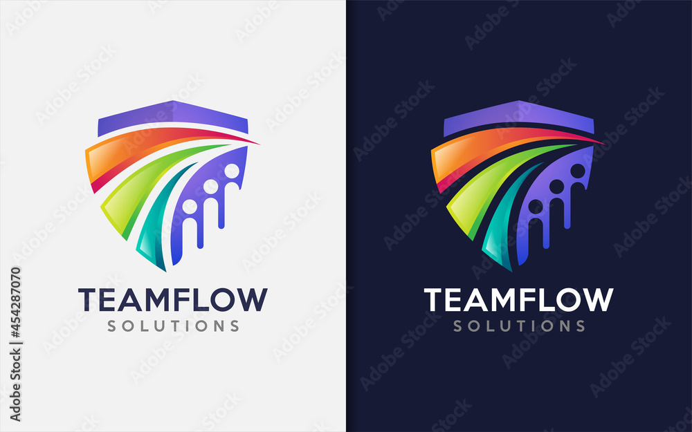 Poster team solutions with emblem shield and colorful line arrow combination concept logo design illustrati