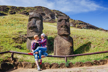 Caucasian young loving couple travelling on Easter Island, Chile