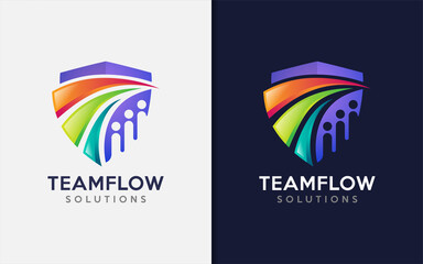 Team Solutions with Emblem Shield and Colorful Line Arrow Combination Concept Logo Design Illustration.